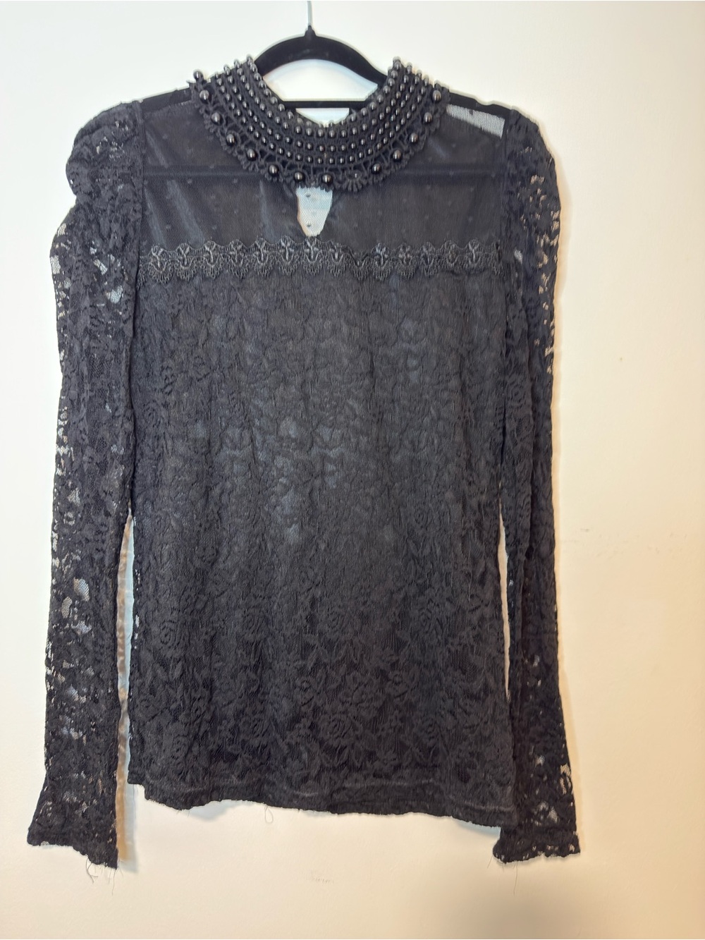 Amazon Black Lace Long Sleeve Top with Embellished Collar
